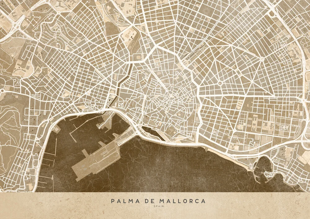 Sepia vintage map of Palma de Mallorca - fotokunst von Rosana Laiz García