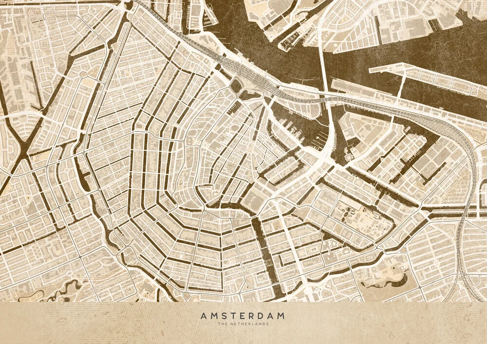 Sepia vintage map of Amsterdam - Fineart photography by Rosana Laiz García