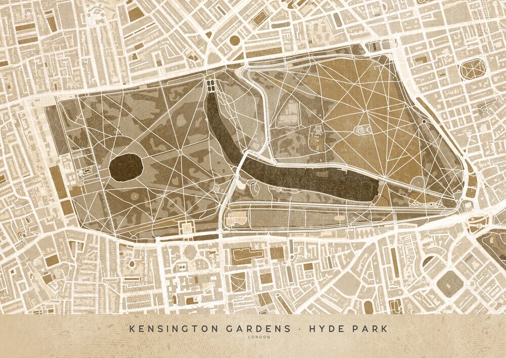 Kensington Gardens Hyde Park map in sepia - fotokunst von Rosana Laiz García