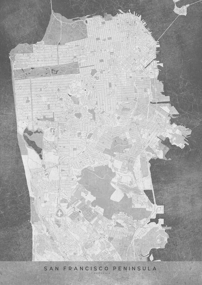 San Francisco peninsula map in gray vintage style - fotokunst von Rosana Laiz García
