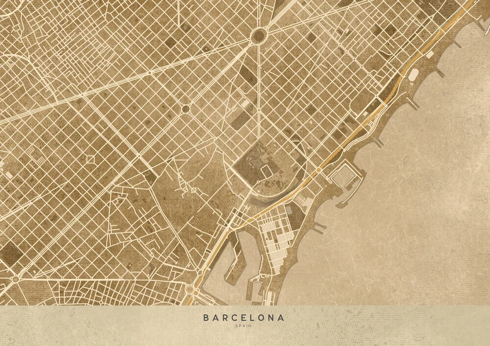 Sepia vintage map of Barcelona - fotokunst von Rosana Laiz García