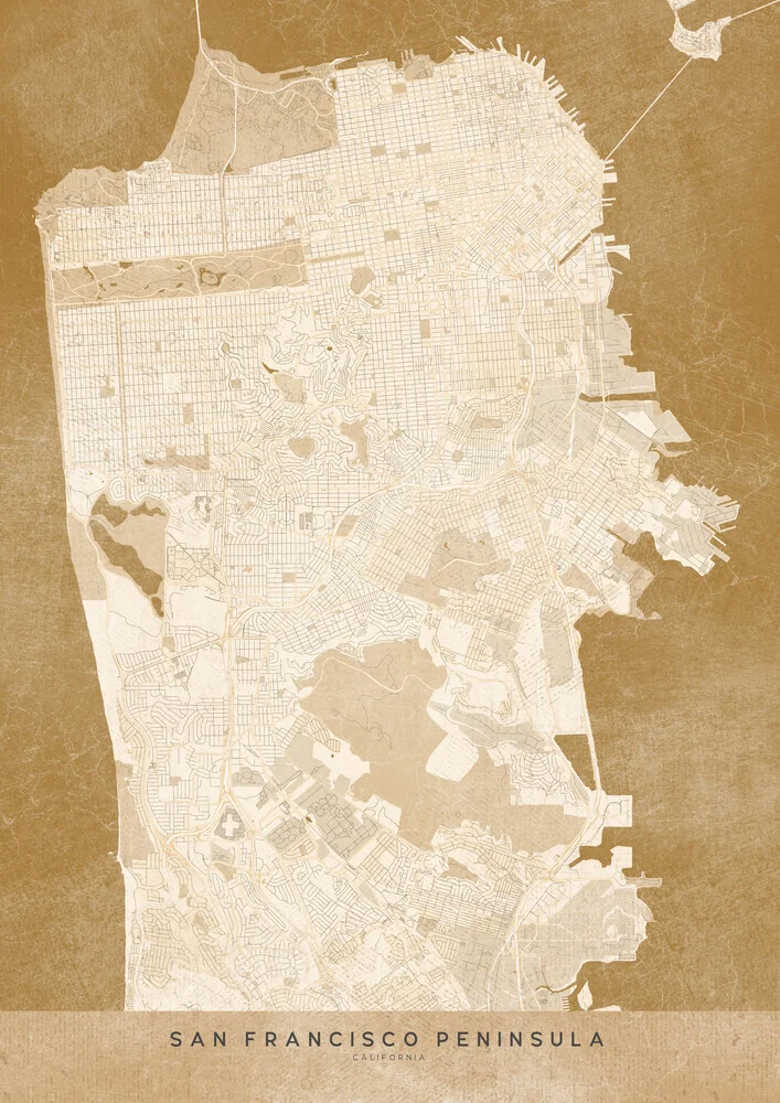Sepia vintage map of San Francisco Peninsula - fotokunst von Rosana Laiz García