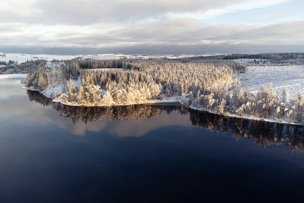 Panoramic winter landscape with lake, calm atmosphere in the Harz Mountains