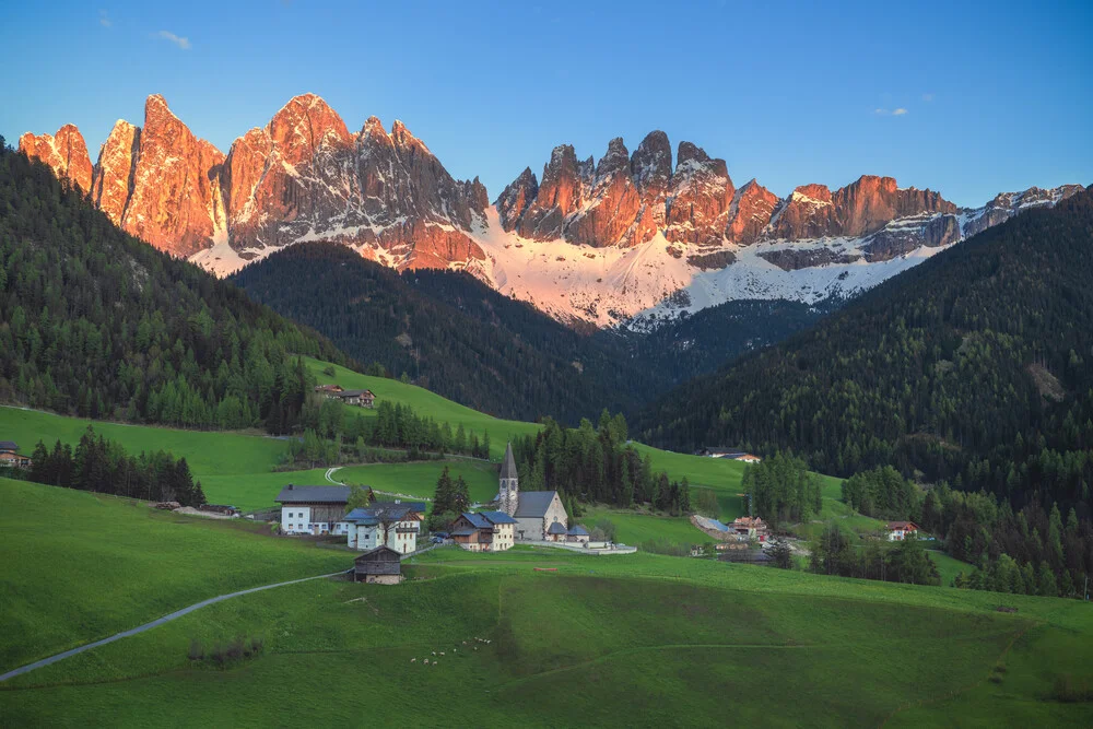 Italien Sankt Magdalena mit Geislergruppe und Alpenglühen - Fineart photography by Jean Claude Castor