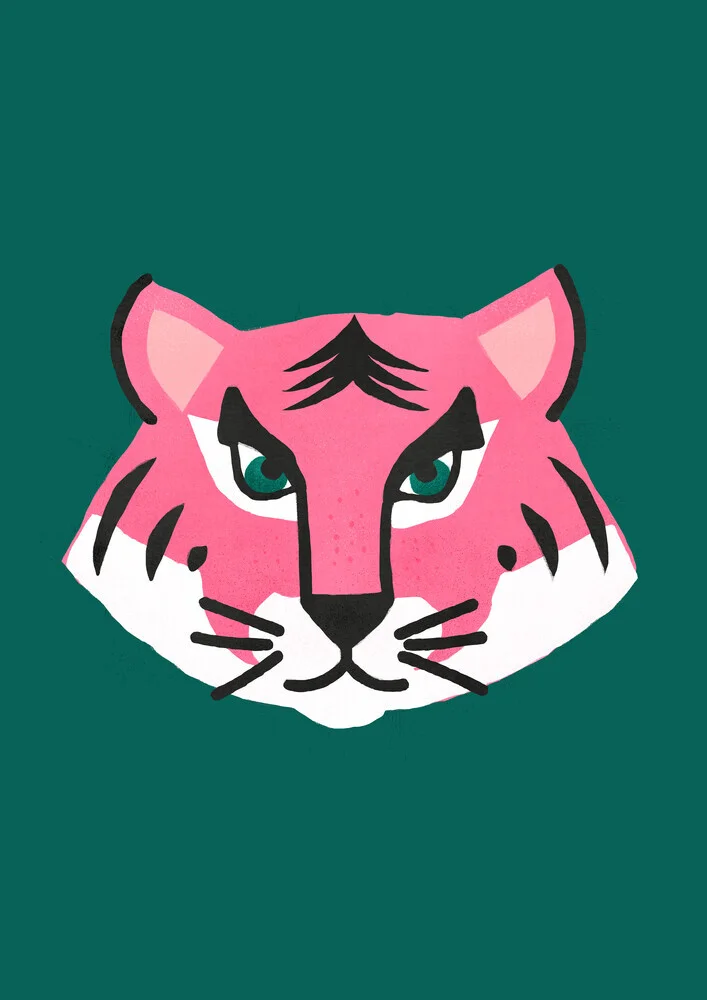 'Pink Tiger Head On Green' – Wall Art by Ania Więcław as Poster or Acrylic Glass Print