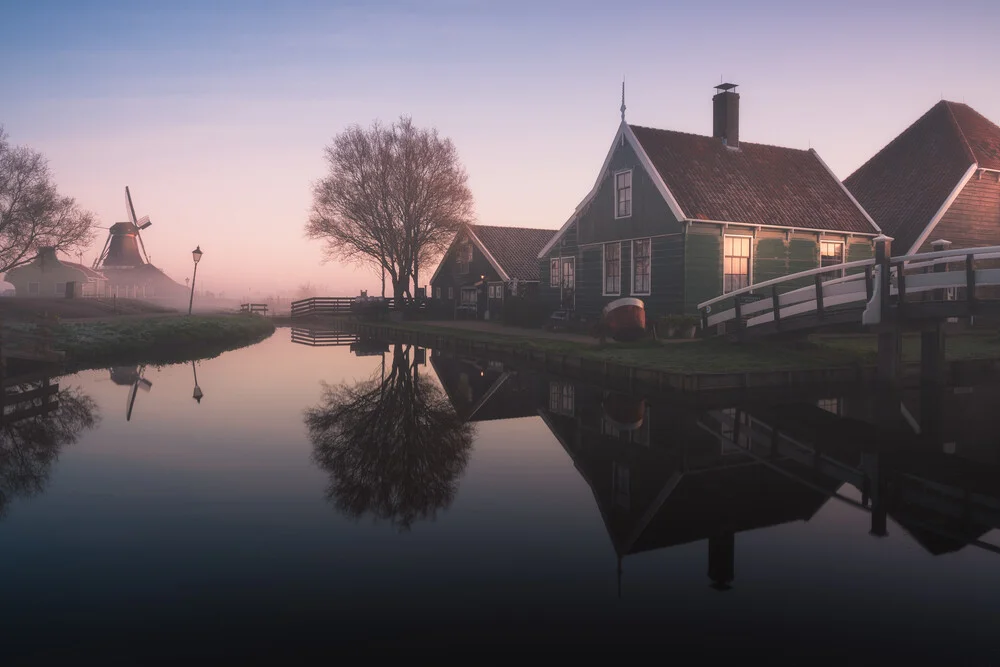 Photo art by Patrick Noack: serene morning mood at Dutch windmills