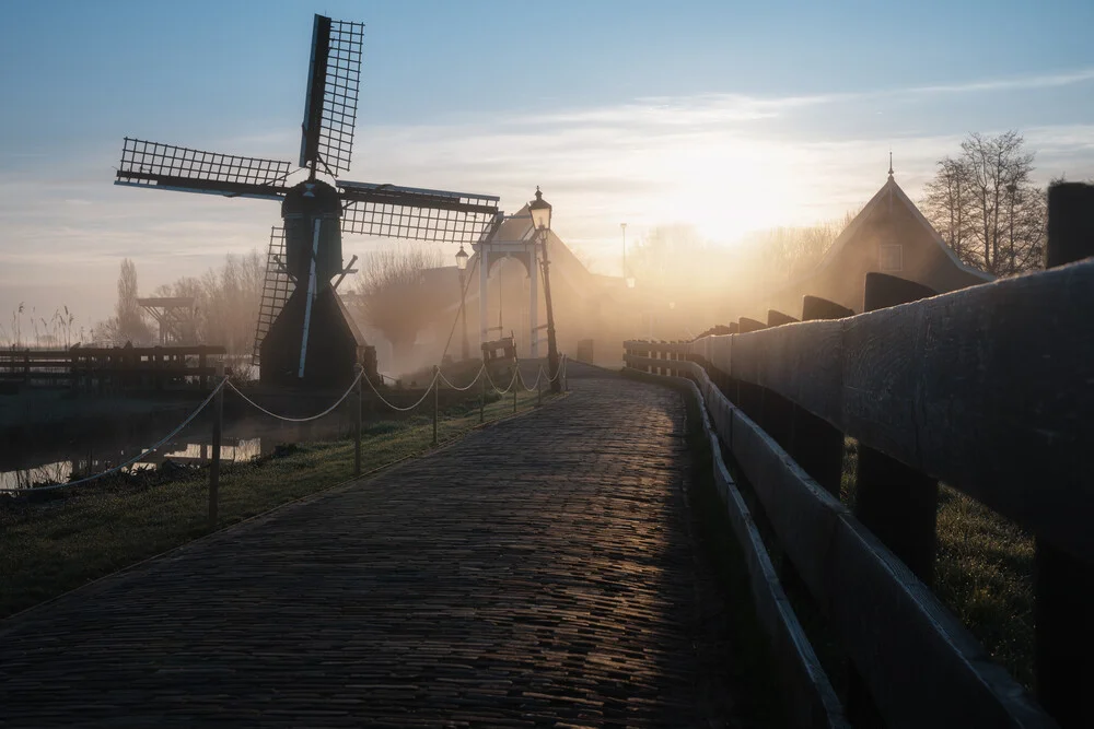 Soft fog over a serene polder landscape with water and windmills