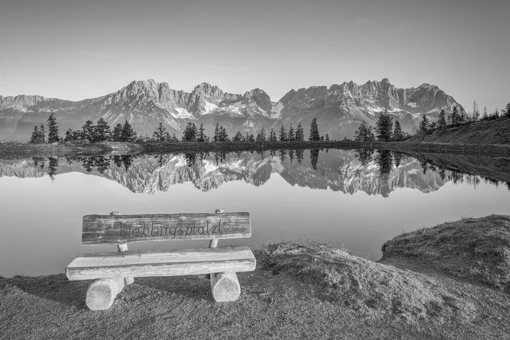 Favorite spot at the Astbergsee with a view of the Wilder Kaiser black - Fineart photography by Michael Valjak
