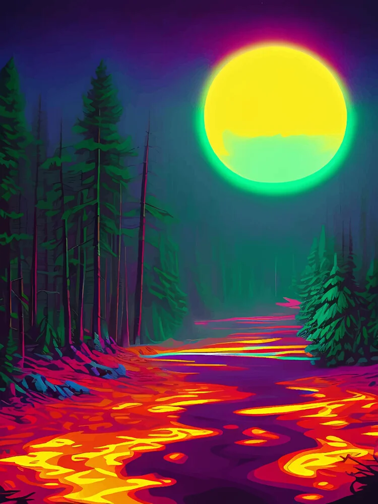 Neon Moon, Color Pop Art Glow Forest, Nature Landscape Adventure - Fineart photography by Uma Gokhale