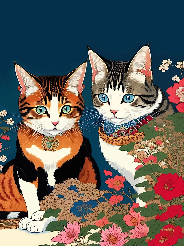 The Perfect Companion, Cute Cats Japanese Pets, Whimsical Animals Cat - fotokunst von Uma Gokhale