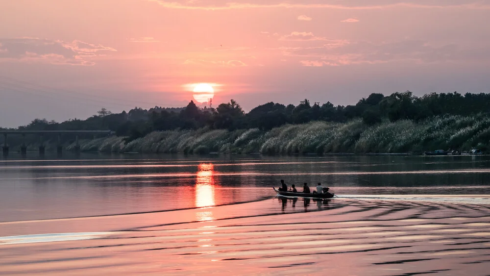 Photo art: serene view of the Mekong River in Cambodia, soft colors and a peaceful mood.