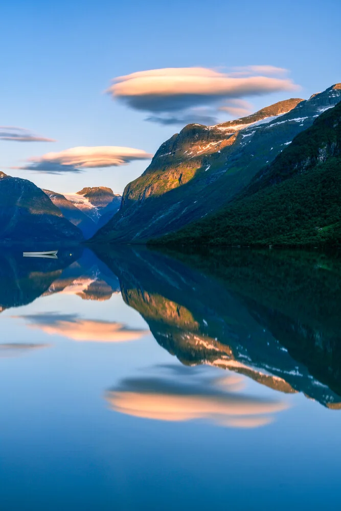 Photo art by Achim Thomae: serene Lovatnet Lake with mountains and sunset