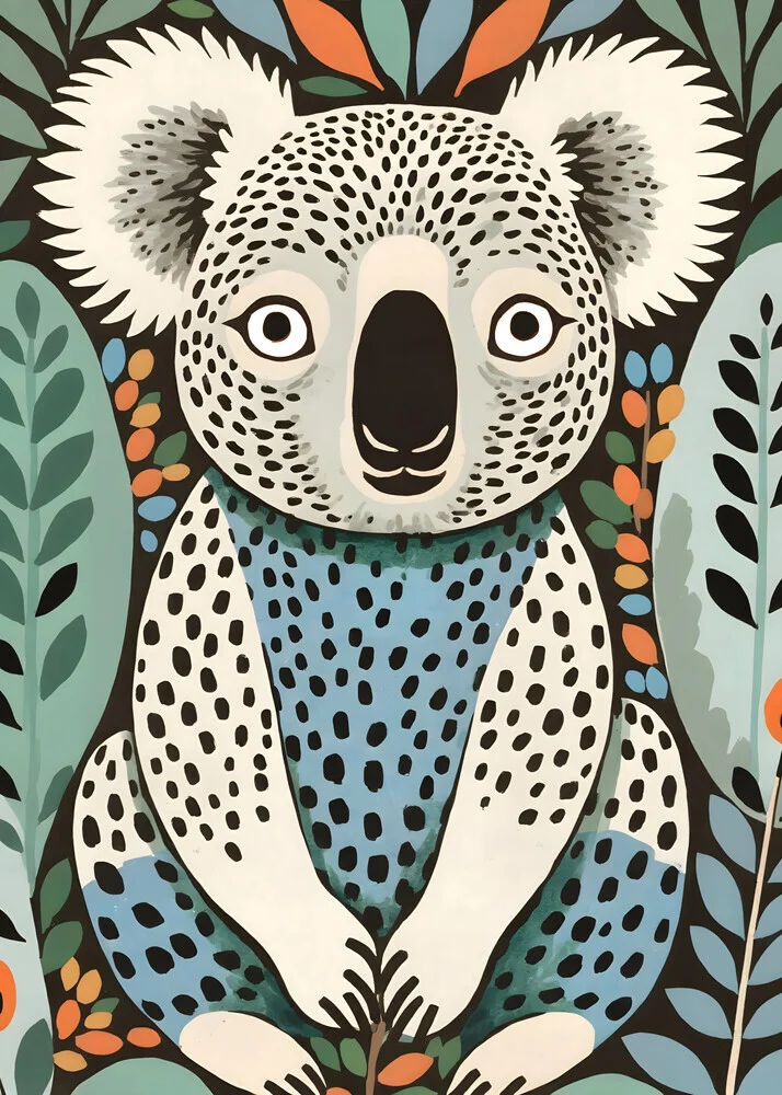 Wall art by Uma Gokhale: cute koala among eucalyptus leaves