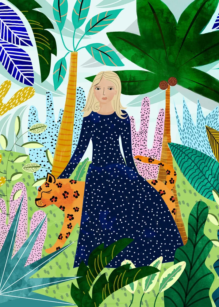 Illustration by Uma Gokhale: Woman with cheetah in a tropical setting