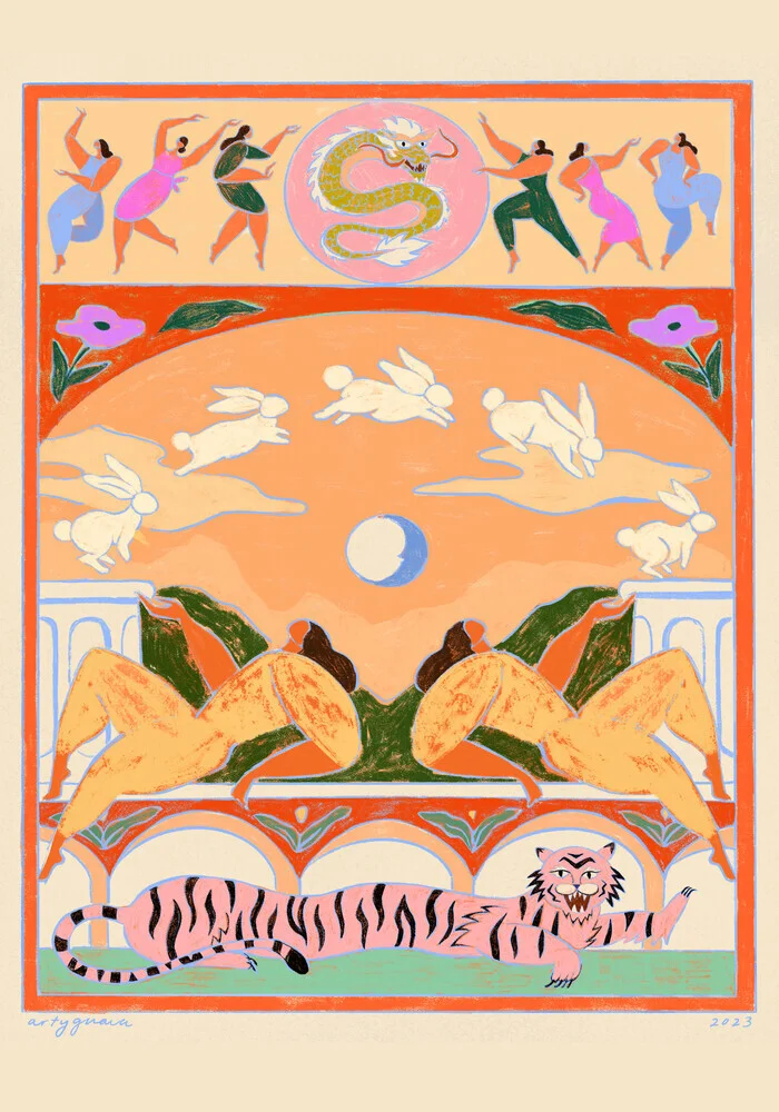 Wandbild 'Rabbit Jumps Over The Moon' – Kunst von Arty Guava als Poster oder Acrylglasbild