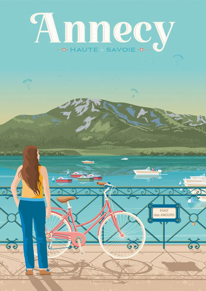 Wandbild 'Annecy Pont des Amours France Travel Poster Art print' – Kunst von François Beutier als Poster oder Acrylglasbild