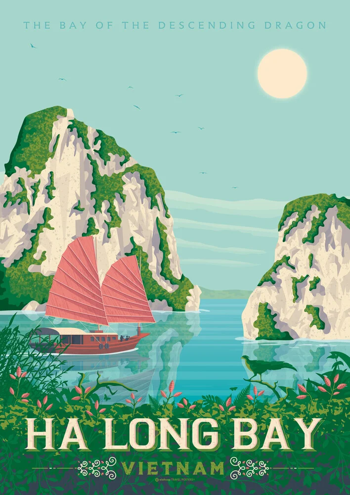 Wandbild 'Ha Long Bay Vietnam Travel Poster Art Print' – Kunst von François Beutier als Poster oder Acrylglasbild