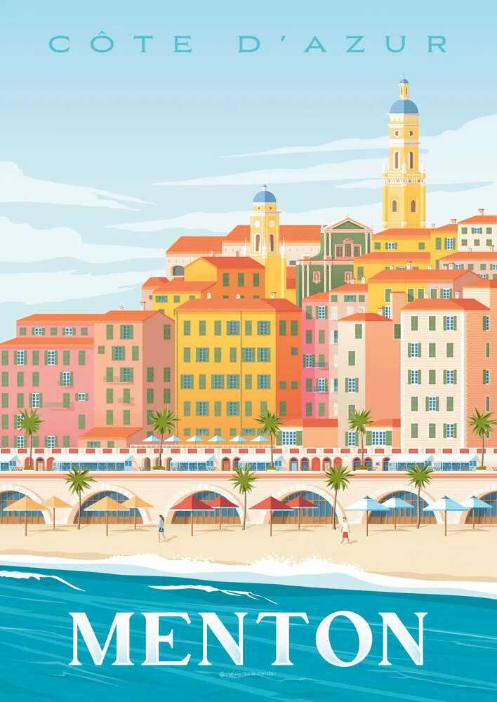 Wandbild 'Menton French Riviera France Travel Poster Art Print' – Kunst von François Beutier als Poster oder Acrylglasbild