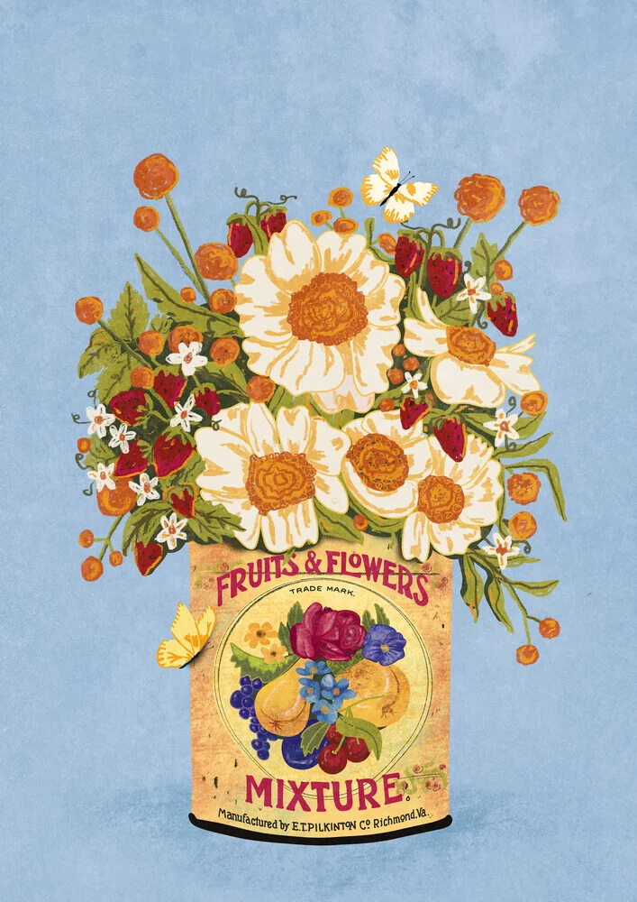 Wandbild 'Blumen in einer vintage Teedose' – Kunst von Raissa Oltmanns als Poster oder Acrylglasbild