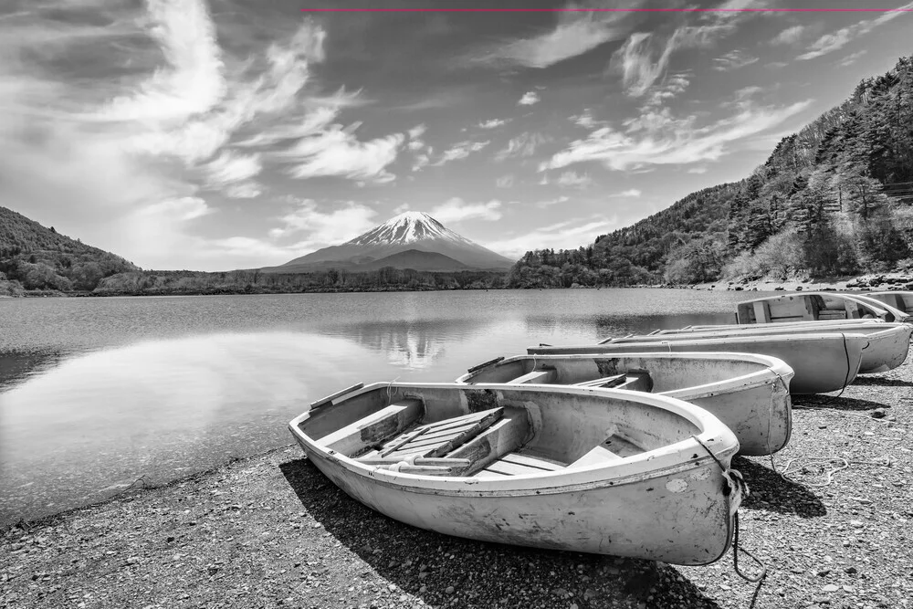 Idyllic Lake Shoji with Mount Fuji in the background, calm water surface, soft colors.