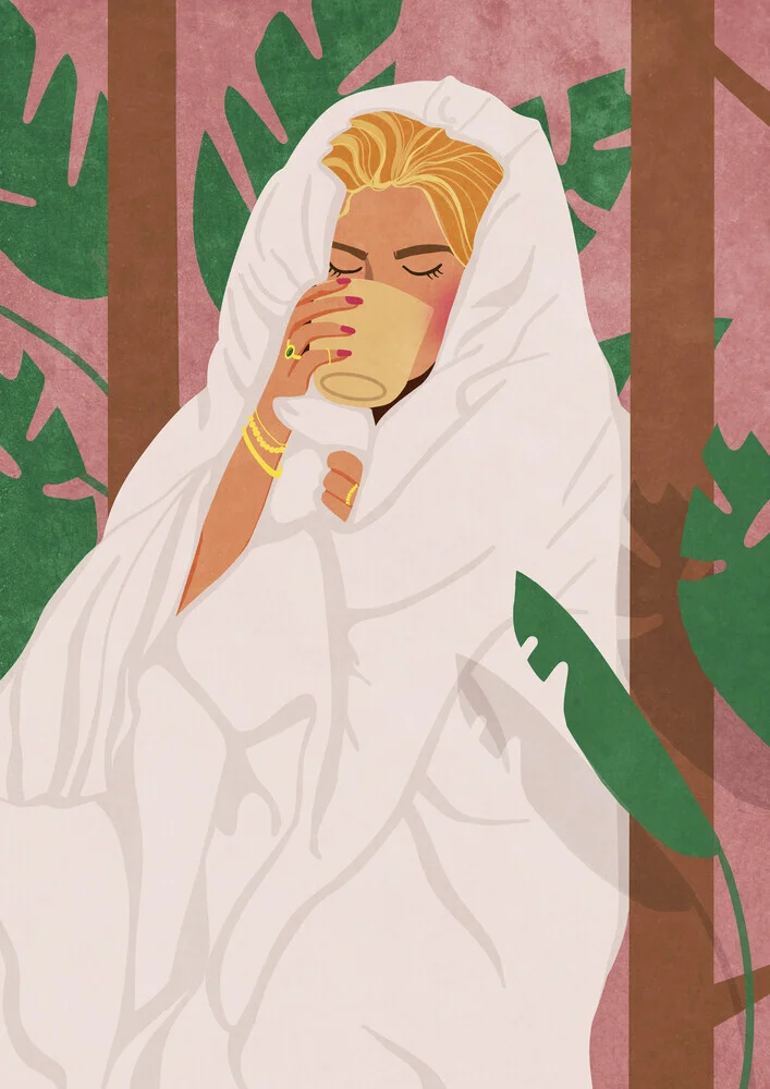 Illustration von Raissa Oltmanns: eine Frau mit Kaffee, umgeben von Pflanzen, entspannend.