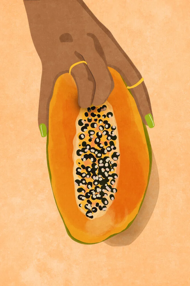 Illustration by Raissa Oltmanns: Colorful hands embracing a papaya.