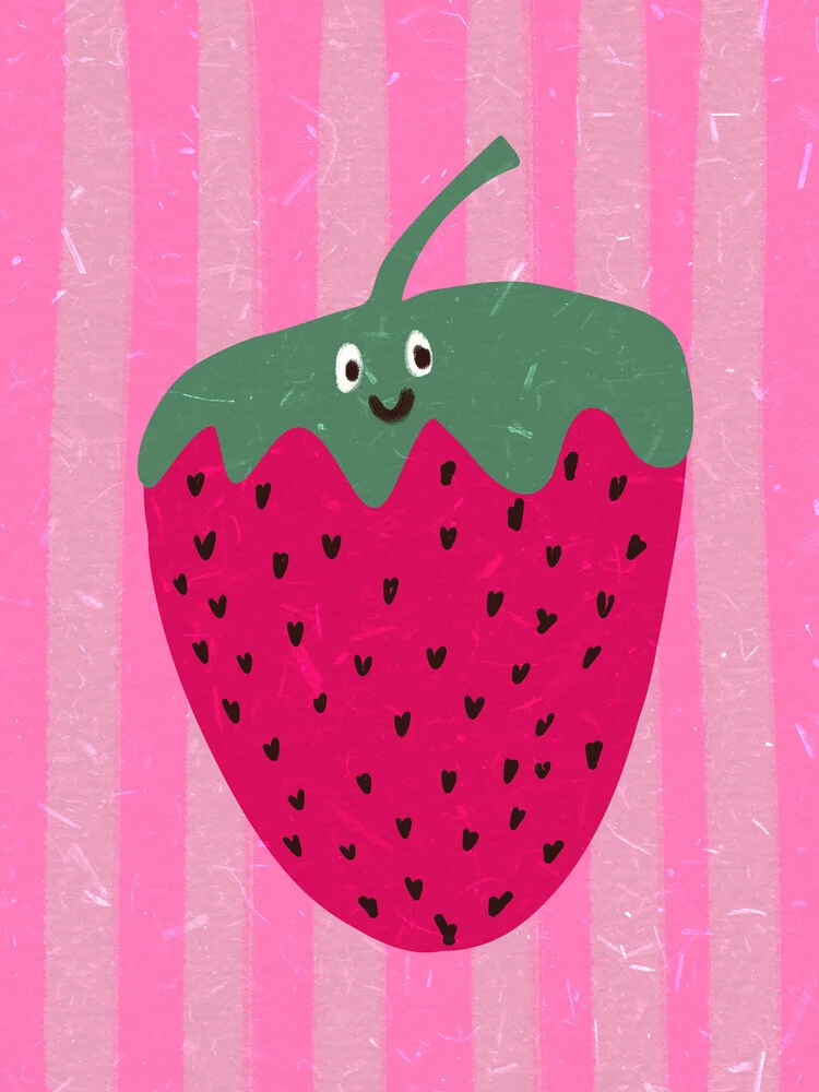Bunte Illustration mit einer lächelnden Erdbeere, die fröhlich aussieht.