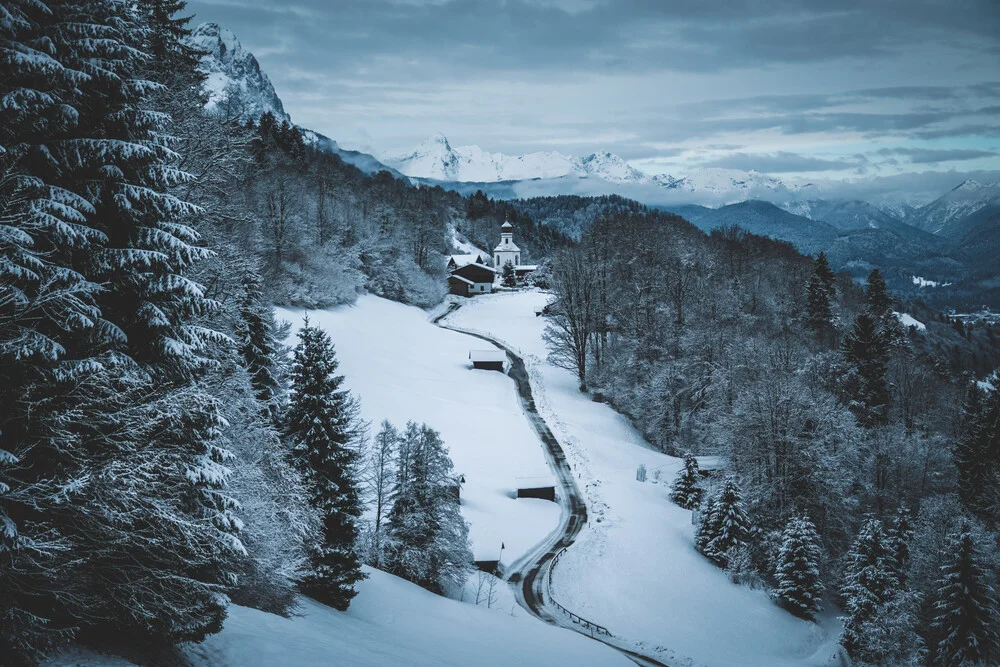 Photo art by Johannes Hulsch: St. Anna Church against snowy Alps in winter