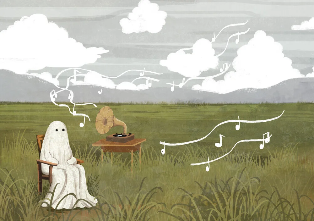Illustration by Katherine Blower: ghostly landscape featuring a record player