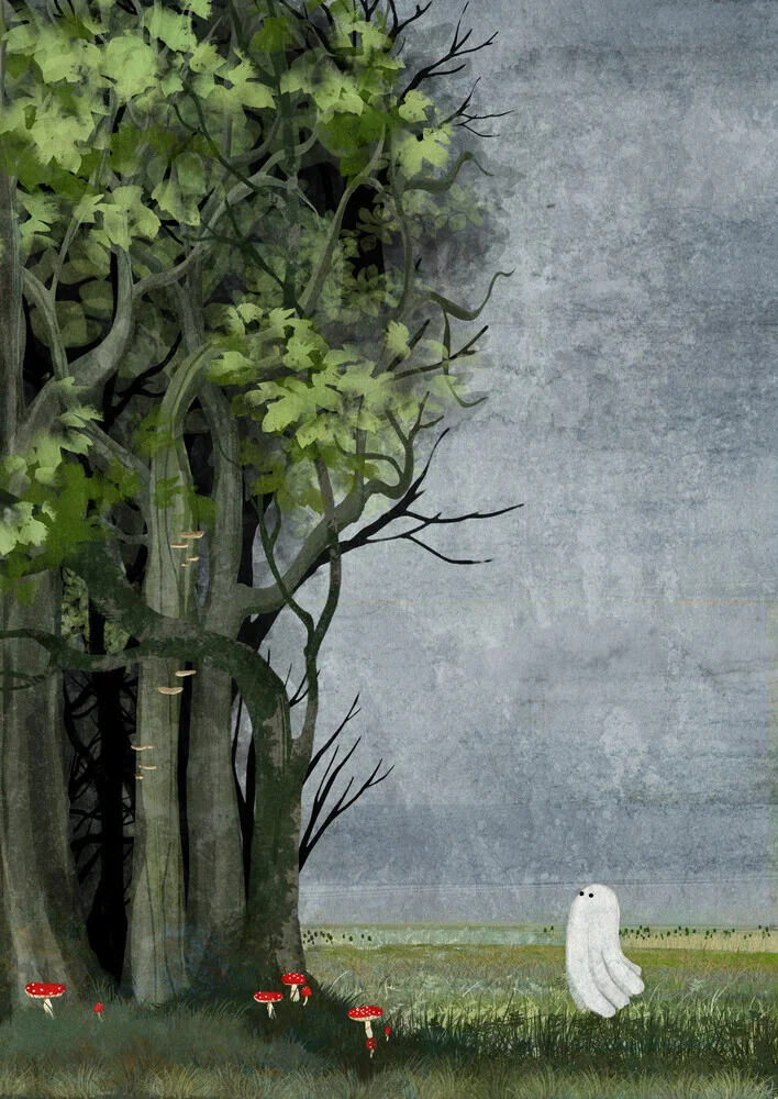 Wall art by Katherine Blower: Cute ghost in a forest scene with mushrooms and autumn vibes