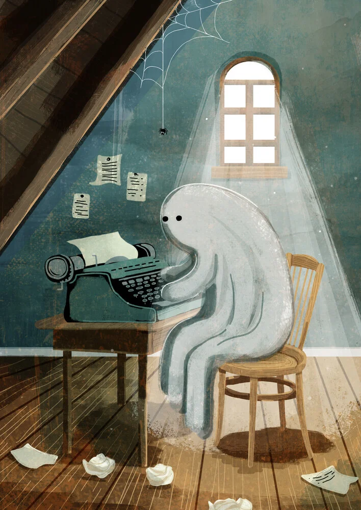 Illustration by Katherine Blower: ghost in a spooky attic with a typewriter.