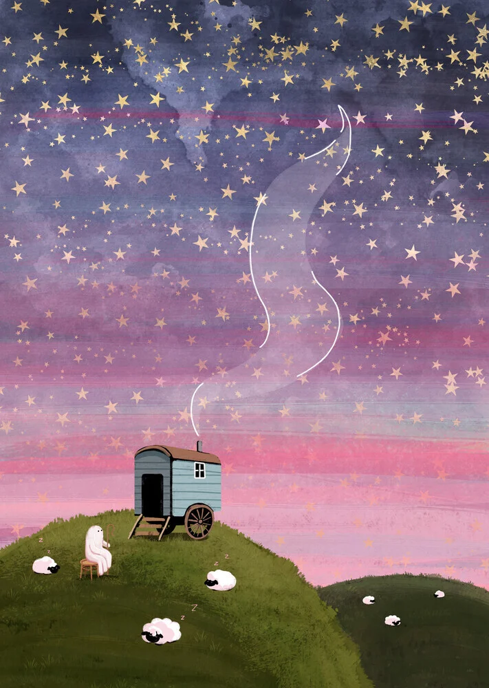 Illustration by Katherine Blower: serene landscape with a red sky and sheep