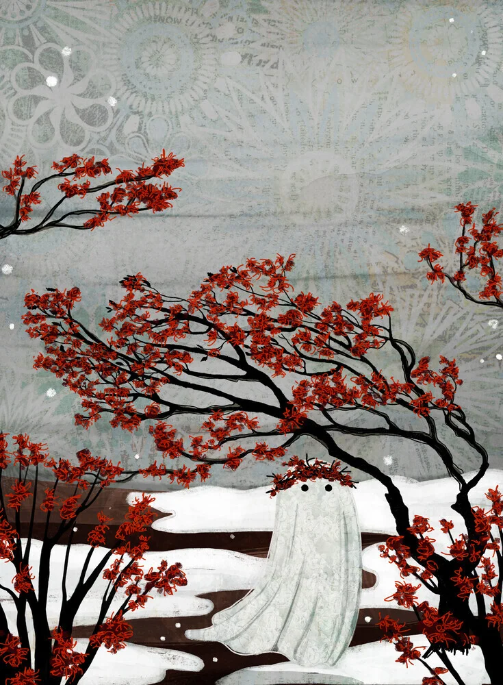 Illustration by Katherine Blower: cute ghost under a tree in soft colors
