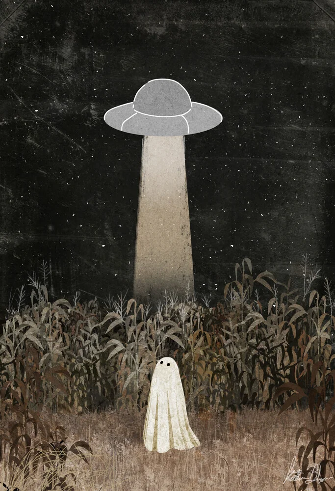 Illustration by Katherine Blower: UFO in a cornfield, mysterious and playful.