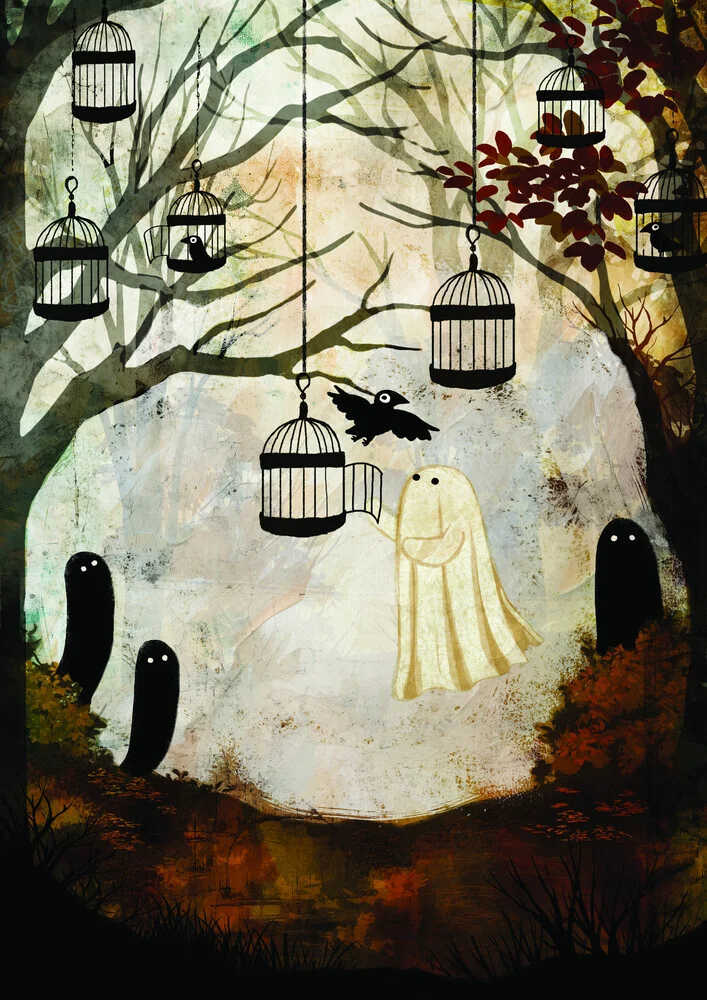 Illustration by Katherine Blower: playful ghosts and birds in an autumn forest scene