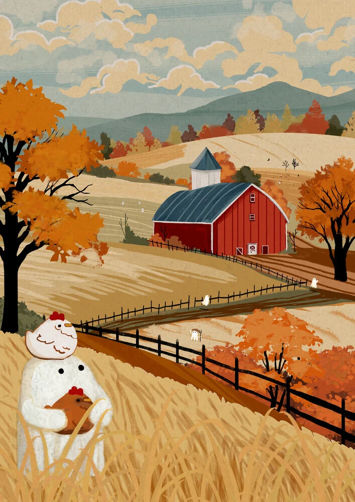 Illustration by Katherine Blower: cute ghost with chickens on an autumn farm