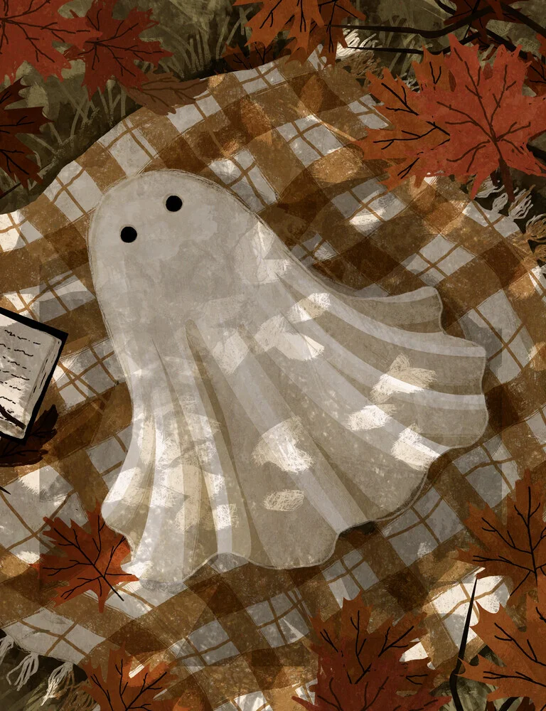 Illustration by Katherine Blower: playful ghosts in an autumn park.