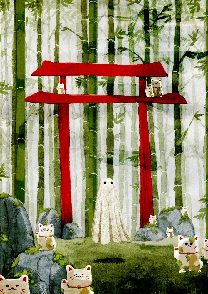 Wall art by Katherine Blower: cute ghosts at a mystical Japanese torii gate