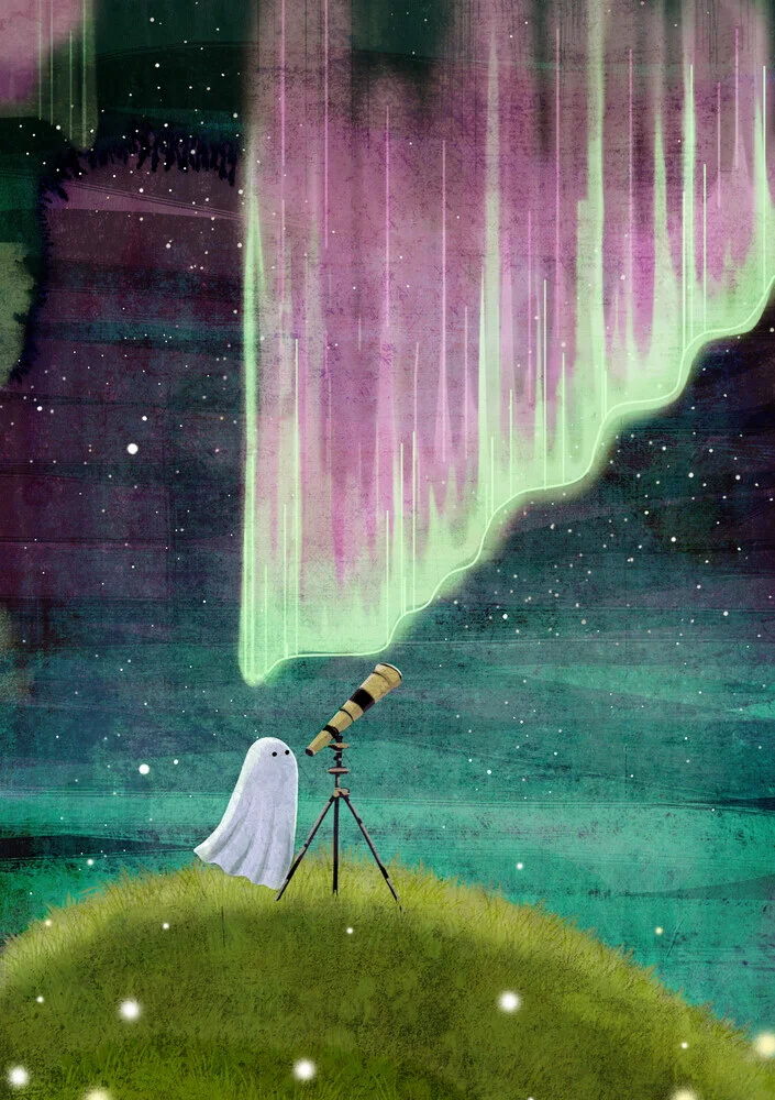 Illustration by Katherine Blower: A ghost gazing at the night sky through a telescope.