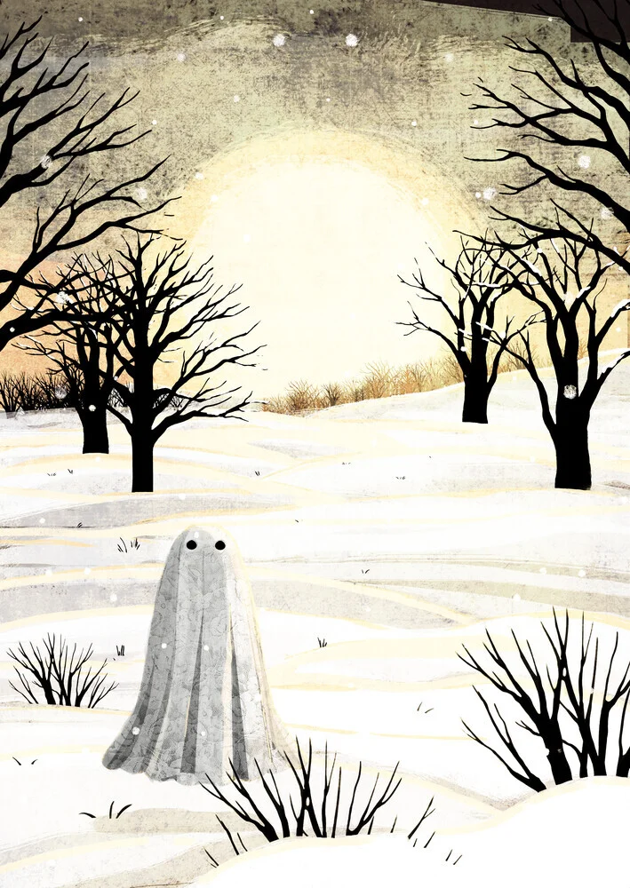 Illustration by Katherine Blower: gentle winter landscape with a ghost and sun rays