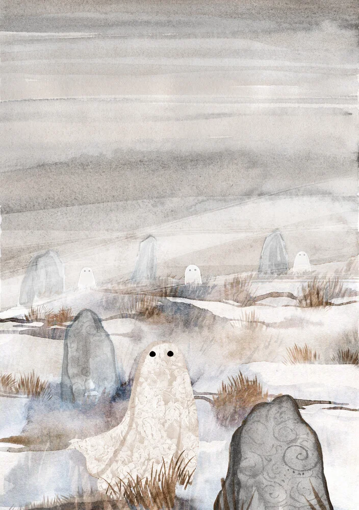 Illustration by Katherine Blower: spooky ghosts in a winter landscape