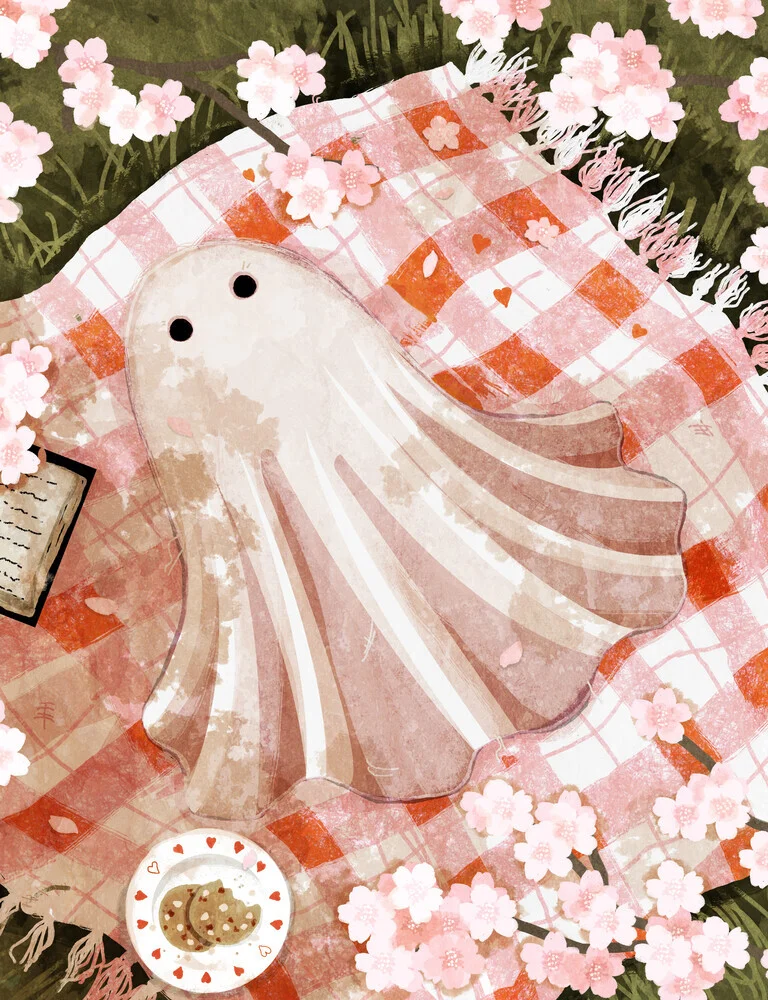 Illustration by Katherine Blower: cheerful picnic ghost under blooming cherry trees