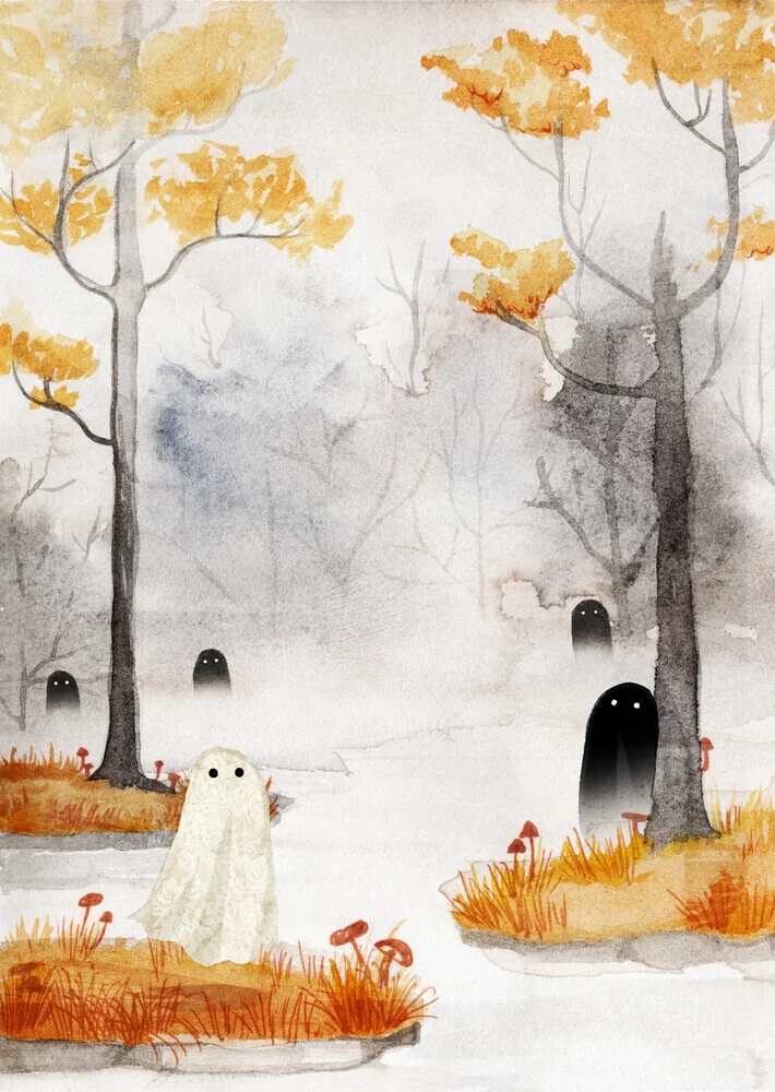 Illustration by Katherine Blower: playful ghosts in a misty forest