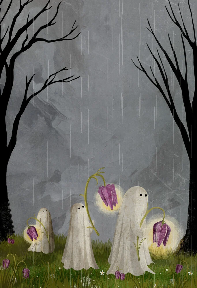Illustration by Katherine Blower: a ghost surrounded by wildflowers in spring