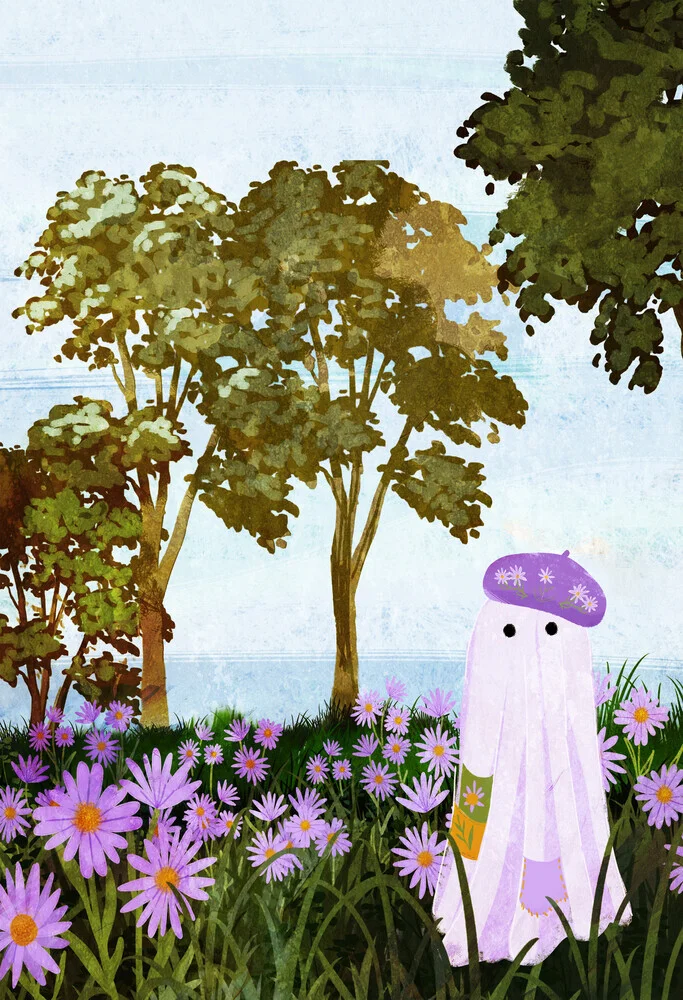 Wall art by Katherine Blower: cute ghost among blooming asters in a meadow