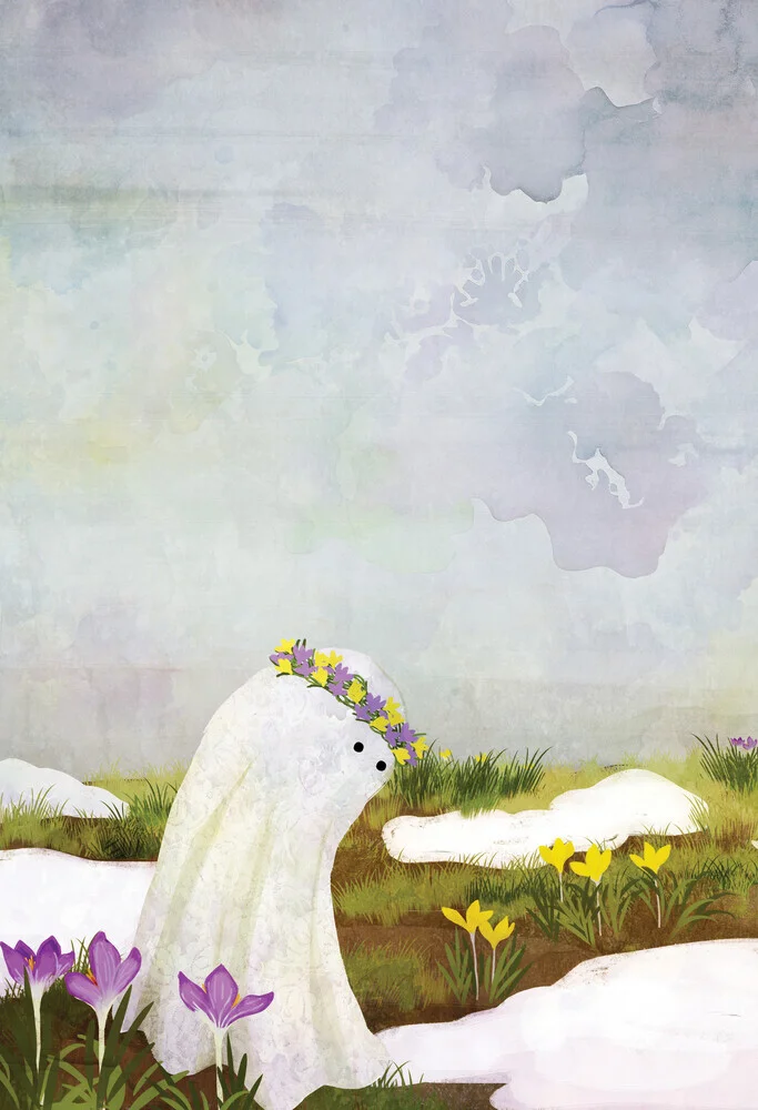 Illustration by Katherine Blower: cheerful ghost in a blooming garden
