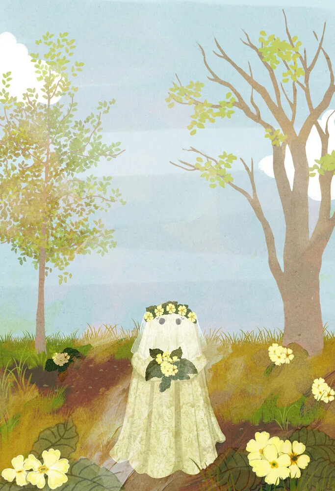 Illustration by Katherine Blower: a cute bride with primrose flowers in a forest.