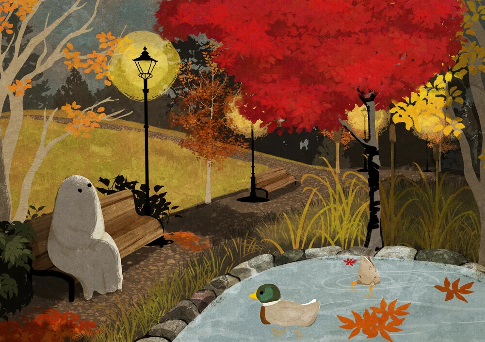 Wandbild von Katherine Blower: Entspannte Herbstszene am Ententeich