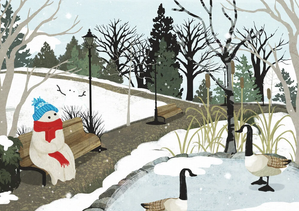 Illustration by Katherine Blower: winter duck pond in a park setting