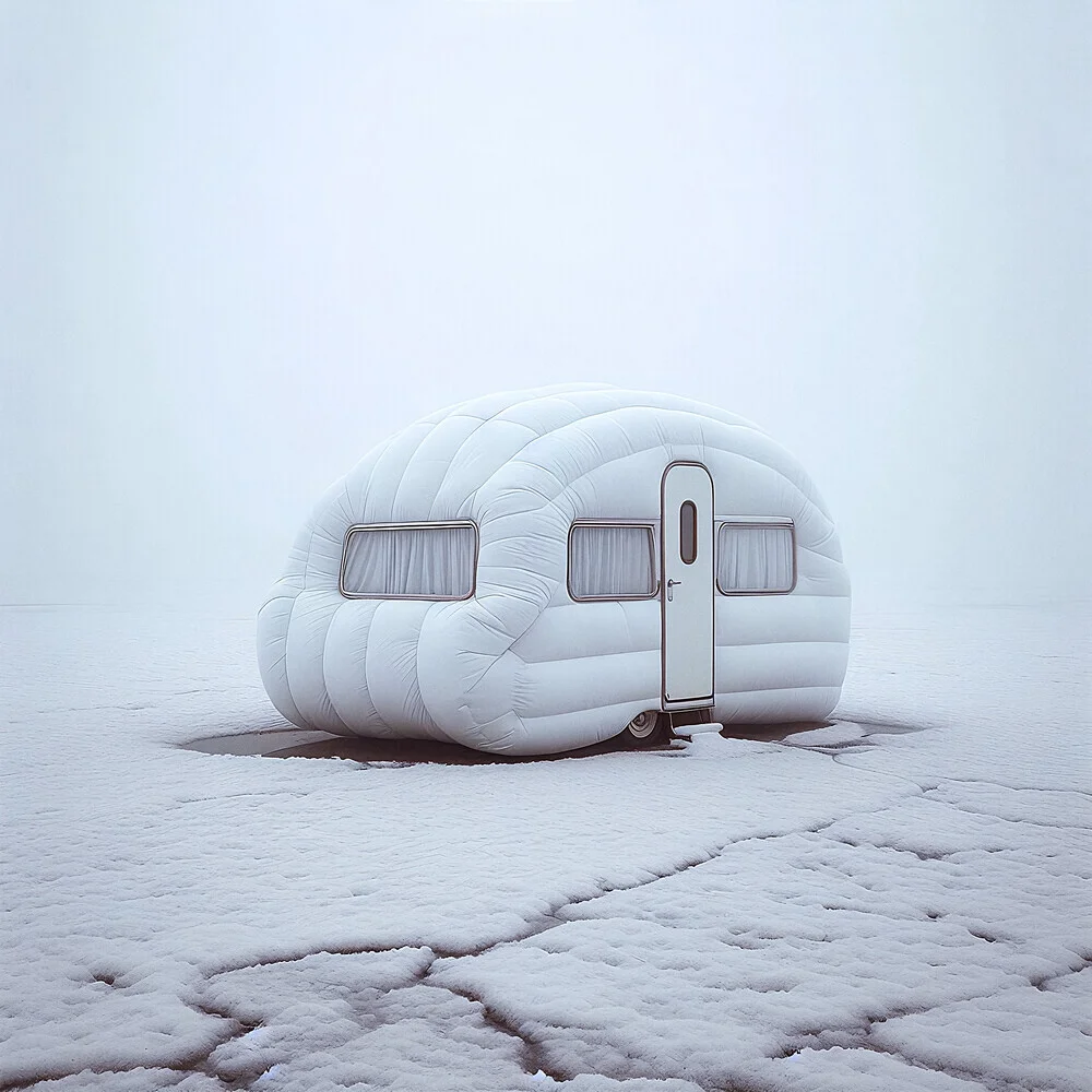 Fotokunst von David Foster Nass: ein minimalistisches, winterliches Wohnwagen-Szenario